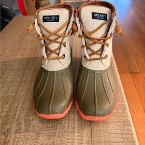 Sperry Olive and Coral Duck Boots